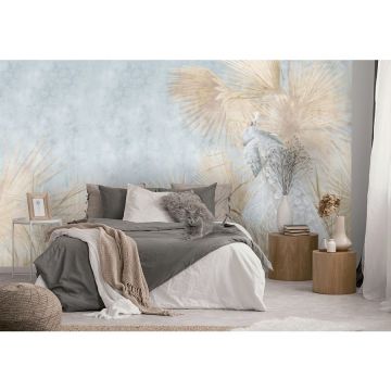 Обои виниловые на флизелине Design Studio 3D (Дизайн Студио 3Д) Нежность Павлины среди желтых листьев на голубом Акварель (NJ-006)