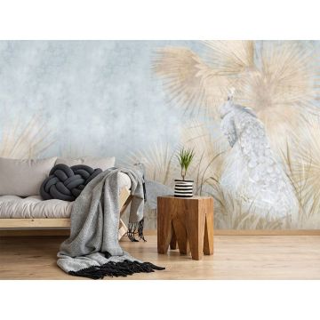 Обои виниловые на флизелине Design Studio 3D (Дизайн Студио 3Д) Нежность Павлины среди желтых листьев на голубом Бесшовная Фреска Гранд (NJ-006)