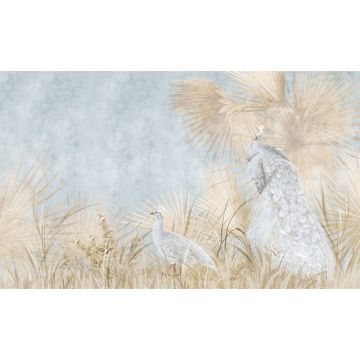 Обои виниловые на флизелине Design Studio 3D (Дизайн Студио 3Д) Нежность Павлины среди желтых листьев на голубом Бесшовная Фреска Ultra (NJ-006)