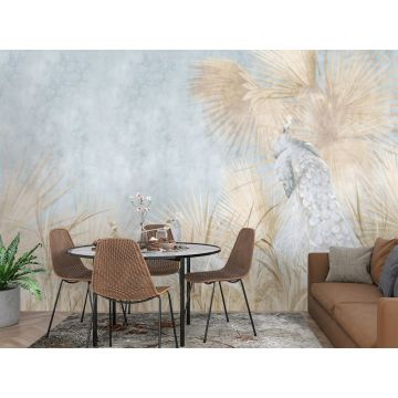 Обои виниловые на флизелине Design Studio 3D (Дизайн Студио 3Д) Нежность Павлины среди желтых листьев на голубом Бесшовная Фреска Ultra (NJ-006)