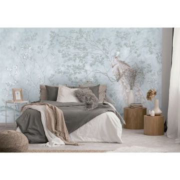 Обои виниловые на флизелине Design Studio 3D (Дизайн Студио 3Д) Нежность Павлины у веток в холодных тонах Акварель (NJ-007)
