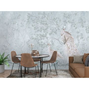 Обои виниловые на флизелине Design Studio 3D (Дизайн Студио 3Д) Нежность Павлины у веток в холодных тонах Бесшовная Фреска Гранд (NJ-007)