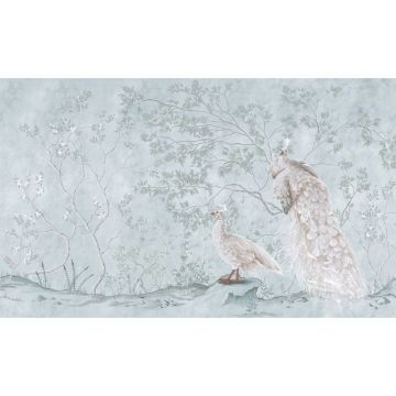 Обои виниловые на флизелине Design Studio 3D (Дизайн Студио 3Д) Нежность Павлины у веток в холодных тонах Бесшовная Фреска Classic (NJ-007)