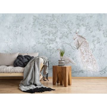 Обои виниловые на флизелине Design Studio 3D (Дизайн Студио 3Д) Нежность Павлины у веток в холодных тонах Бесшовная Фреска Classic (NJ-007)