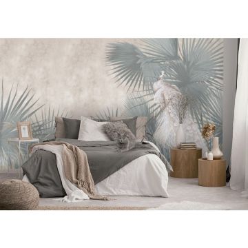 Обои виниловые на флизелине Design Studio 3D (Дизайн Студио 3Д) Нежность Павлины среди зеленых листьев на бежевом Акварель (NJ-008)