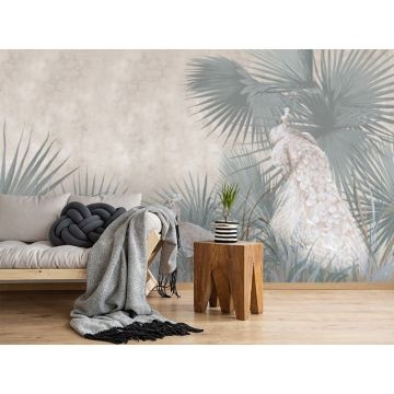 Обои виниловые на флизелине Design Studio 3D (Дизайн Студио 3Д) Нежность Павлины среди зеленых листьев на бежевом Бесшовная Фреска Гранд (NJ-008)