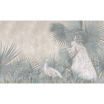 Обои виниловые на флизелине Design Studio 3D (Дизайн Студио 3Д) Нежность Павлины среди зеленых листьев на бежевом Бесшовная Фреска Ultra (NJ-008)