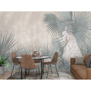 Обои виниловые на флизелине Design Studio 3D (Дизайн Студио 3Д) Нежность Павлины среди зеленых листьев на бежевом Бесшовная Фреска Ultra (NJ-008)