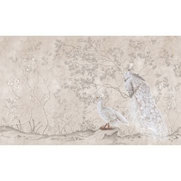Обои виниловые на флизелине Design Studio 3D (Дизайн Студио 3Д) Нежность Павлины у веток в теплых тонах Бесшовная Фреска Гранд (NJ-009)