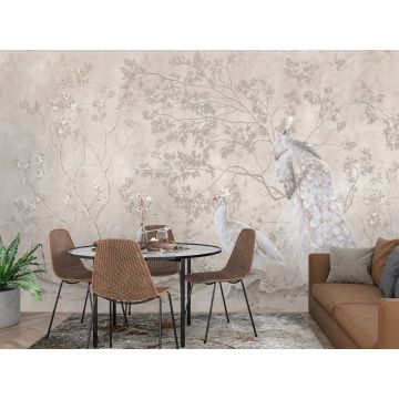 Обои виниловые на флизелине Design Studio 3D (Дизайн Студио 3Д) Нежность Павлины у веток в теплых тонах Бесшовная Фреска Classic (NJ-009)