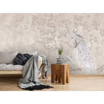 Обои виниловые на флизелине Design Studio 3D (Дизайн Студио 3Д) Нежность Павлины у веток в теплых тонах Бесшовная Фреска Classic (NJ-009)