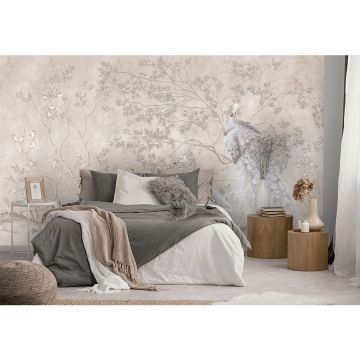 Обои виниловые на флизелине Design Studio 3D (Дизайн Студио 3Д) Нежность Павлины у веток в теплых тонах Бесшовная Фреска Classic (NJ-009)