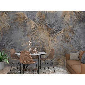 Обои виниловые на флизелине Design Studio 3D (Дизайн Студио 3Д) Нежность Осенние листья папоротника на бетоне Бесшовная Фреска Гранд (NJ-012)