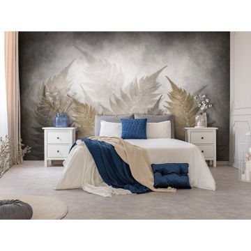 Обои виниловые на флизелине Design Studio 3D (Дизайн Студио 3Д) Нежность Листья папоротника на бетоне Бесшовная Фреска Ultra (NJ-013)