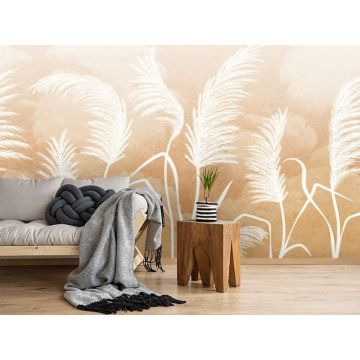 Обои виниловые на флизелине Design Studio 3D (Дизайн Студио 3Д) Нежность Колосья на небесном фоне в бежевых тонах Бесшовная Фреска Classic (NJ-031)