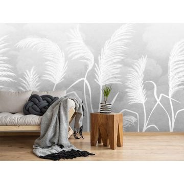 Обои виниловые на флизелине Design Studio 3D (Дизайн Студио 3Д) Нежность Колосья на небесном фоне в серых тонах Бесшовная Фреска Ultra (NJ-034)