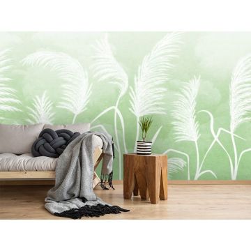 Обои виниловые на флизелине Design Studio 3D (Дизайн Студио 3Д) Нежность Колосья на небесном фоне в зеленых тонах Песок (NJ-035)