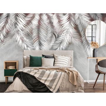 Обои виниловые на флизелине Design Studio 3D (Дизайн Студио 3Д) Тропикалия Ниспадающие тропические листья на красном Бесшовная Фреска Гранд (FLV-001)