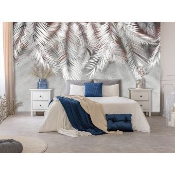 Обои виниловые на флизелине Design Studio 3D (Дизайн Студио 3Д) Тропикалия Ниспадающие тропические листья на красном Бесшовная Фреска Гранд (FLV-001)