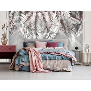 Обои виниловые на флизелине Design Studio 3D (Дизайн Студио 3Д) Тропикалия Ниспадающие тропические листья на красном Бесшовная Фреска Classic (FLV-001)