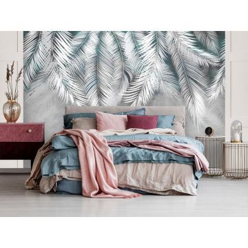 Обои виниловые на флизелине Design Studio 3D (Дизайн Студио 3Д) Тропикалия Ниспадающие тропические листья на синем Акварель (FLV-002)