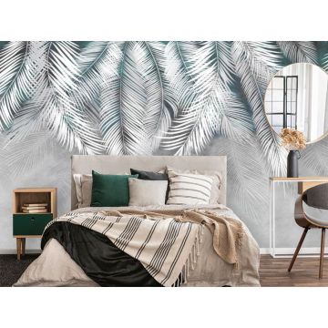 Обои виниловые на флизелине Design Studio 3D (Дизайн Студио 3Д) Тропикалия Ниспадающие тропические листья на синем Акварель (FLV-002)