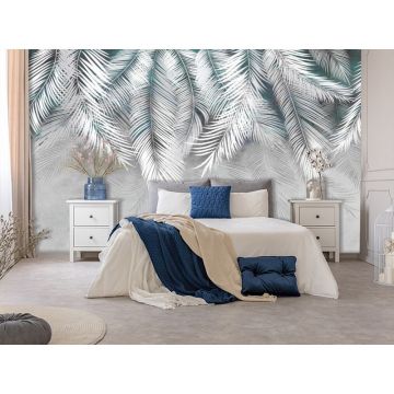 Обои виниловые на флизелине Design Studio 3D (Дизайн Студио 3Д) Тропикалия Ниспадающие тропические листья на синем Бесшовная Фреска Classic (FLV-002)