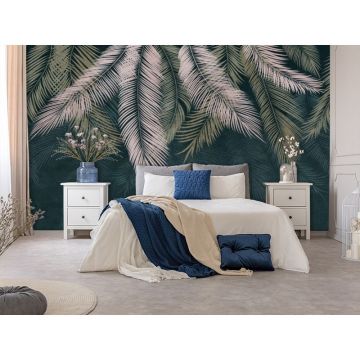 Обои виниловые на флизелине Design Studio 3D (Дизайн Студио 3Д) Тропикалия Ниспадающие тропические листья на изумруде Канвас (FLV-003)