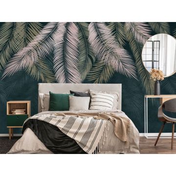 Обои виниловые на флизелине Design Studio 3D (Дизайн Студио 3Д) Тропикалия Ниспадающие тропические листья на изумруде Бесшовная Фреска Classic (FLV-003)