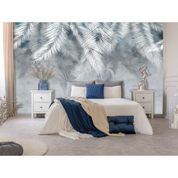 Обои виниловые на флизелине Design Studio 3D (Дизайн Студио 3Д) Тропикалия Тропические листья в голубых тонах Песок (FLV-007)