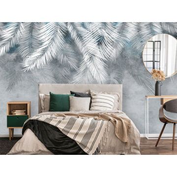 Обои виниловые на флизелине Design Studio 3D (Дизайн Студио 3Д) Тропикалия Тропические листья в голубых тонах Бесшовная Фреска Classic (FLV-007)