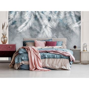 Обои виниловые на флизелине Design Studio 3D (Дизайн Студио 3Д) Тропикалия Тропические листья в голубых тонах Бесшовная Фреска Ultra (FLV-007)
