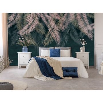 Обои виниловые на флизелине Design Studio 3D (Дизайн Студио 3Д) Тропикалия Тропические листья на изумруде Песок (FLV-008)