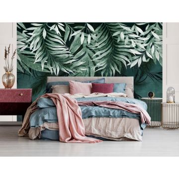 Обои виниловые на флизелине Design Studio 3D (Дизайн Студио 3Д) Тропикалия Изумрудные ниспадающие листья Песок (FLV-010)