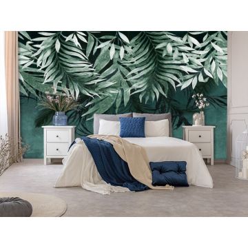Обои виниловые на флизелине Design Studio 3D (Дизайн Студио 3Д) Тропикалия Изумрудные ниспадающие листья Канвас (FLV-010)