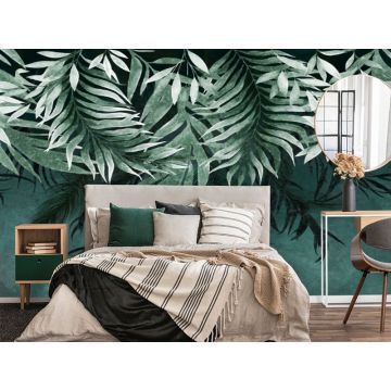 Обои виниловые на флизелине Design Studio 3D (Дизайн Студио 3Д) Тропикалия Изумрудные ниспадающие листья Бесшовная Фреска Гранд (FLV-010)