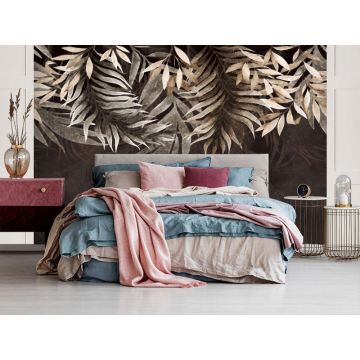 Обои виниловые на флизелине Design Studio 3D (Дизайн Студио 3Д) Тропикалия Коричневые ниспадающие листья Акварель (FLV-012)