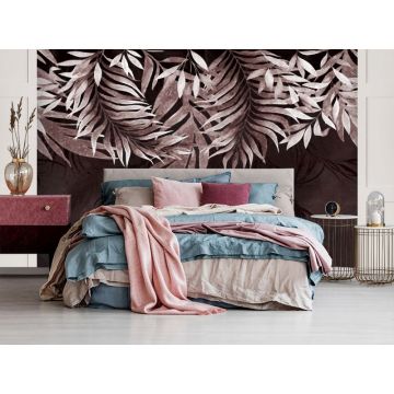 Обои виниловые на флизелине Design Studio 3D (Дизайн Студио 3Д) Тропикалия Красные ниспадающие листья Бесшовная Фреска Гранд (FLV-013)