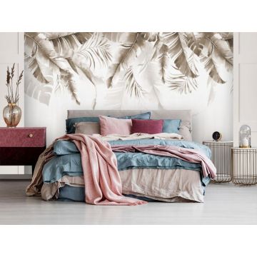 Обои виниловые на флизелине Design Studio 3D (Дизайн Студио 3Д) Тропикалия Оранжевый букет тропических листьев Канвас (FLV-014)