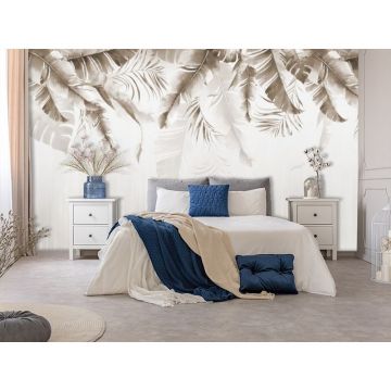 Обои виниловые на флизелине Design Studio 3D (Дизайн Студио 3Д) Тропикалия Оранжевый букет тропических листьев Бесшовная Фреска Ultra (FLV-014)