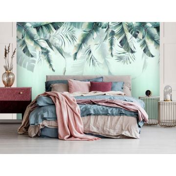 Обои виниловые на флизелине Design Studio 3D (Дизайн Студио 3Д) Тропикалия Изумрудный букет тропических листьев Канвас (FLV-015)
