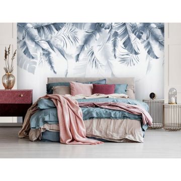 Обои виниловые на флизелине Design Studio 3D (Дизайн Студио 3Д) Тропикалия Голубой букет тропических листьев Акварель (FLV-016)