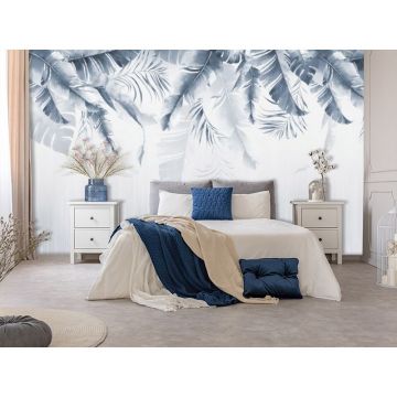 Обои виниловые на флизелине Design Studio 3D (Дизайн Студио 3Д) Тропикалия Голубой букет тропических листьев Акварель (FLV-016)