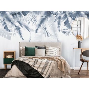 Обои виниловые на флизелине Design Studio 3D (Дизайн Студио 3Д) Тропикалия Голубой букет тропических листьев Бесшовная Фреска Ultra (FLV-016)