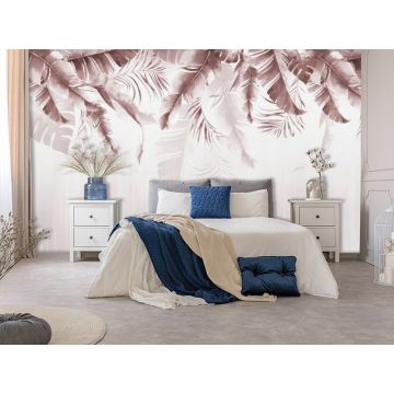 Обои виниловые на флизелине Design Studio 3D (Дизайн Студио 3Д) Тропикалия Красный букет тропических листьев Канвас (FLV-017)