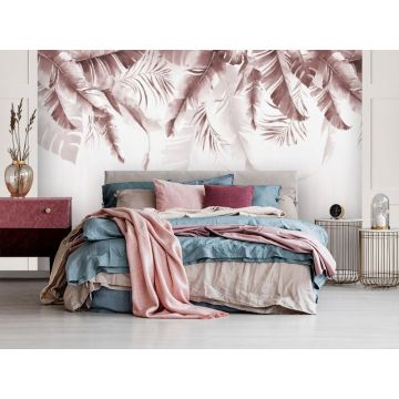 Обои виниловые на флизелине Design Studio 3D (Дизайн Студио 3Д) Тропикалия Красный букет тропических листьев Бесшовная Фреска Ultra (FLV-017)