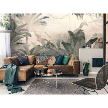 Обои виниловые на флизелине Design Studio 3D (Дизайн Студио 3Д) Саванна Жирафы за крупными листьями Канвас (SVN-002)