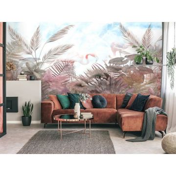 Обои виниловые на флизелине Design Studio 3D (Дизайн Студио 3Д) Саванна Фламинго в листве на голубом Песок (SVN-007)