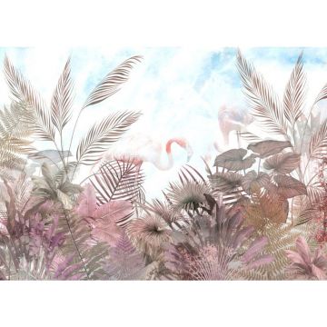 Обои виниловые на флизелине Design Studio 3D (Дизайн Студио 3Д) Саванна Фламинго в листве на голубом Канвас (SVN-007)