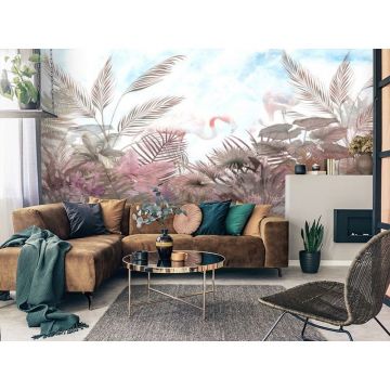 Обои виниловые на флизелине Design Studio 3D (Дизайн Студио 3Д) Саванна Фламинго в листве на голубом Бесшовная Фреска Гранд (SVN-007)